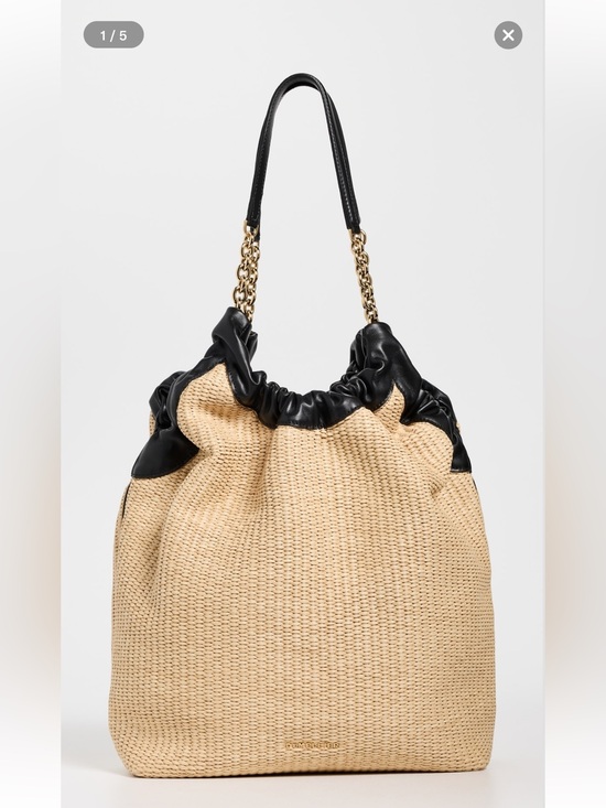 DeMellier Handbags - DeMellier Beige Straw Tote with Black Leather Trim and Gold Chain Handles